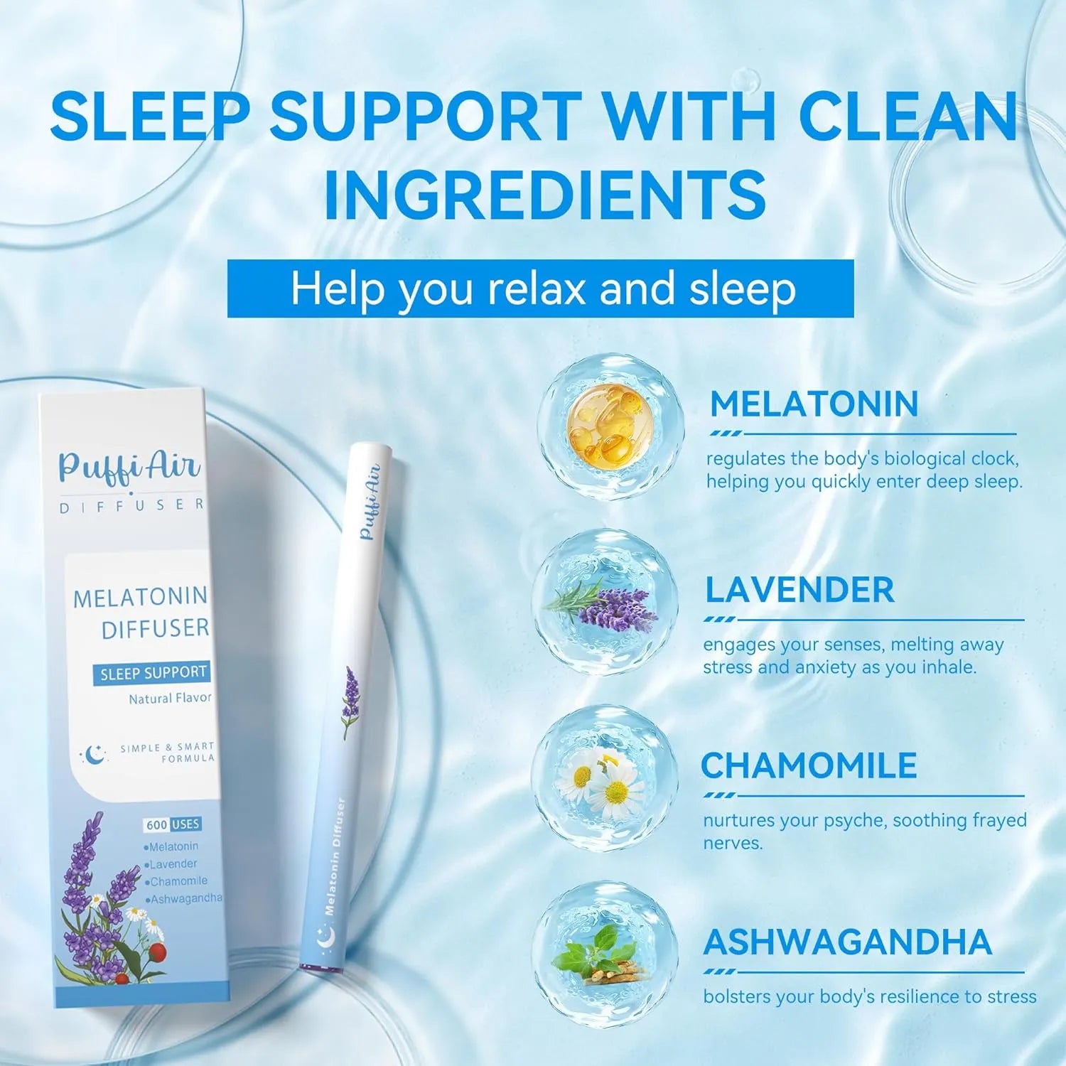 Herbal Melatonin Diffuser Upgraded with Lavender, Chamonile and Ashwagandha for Sleep Support